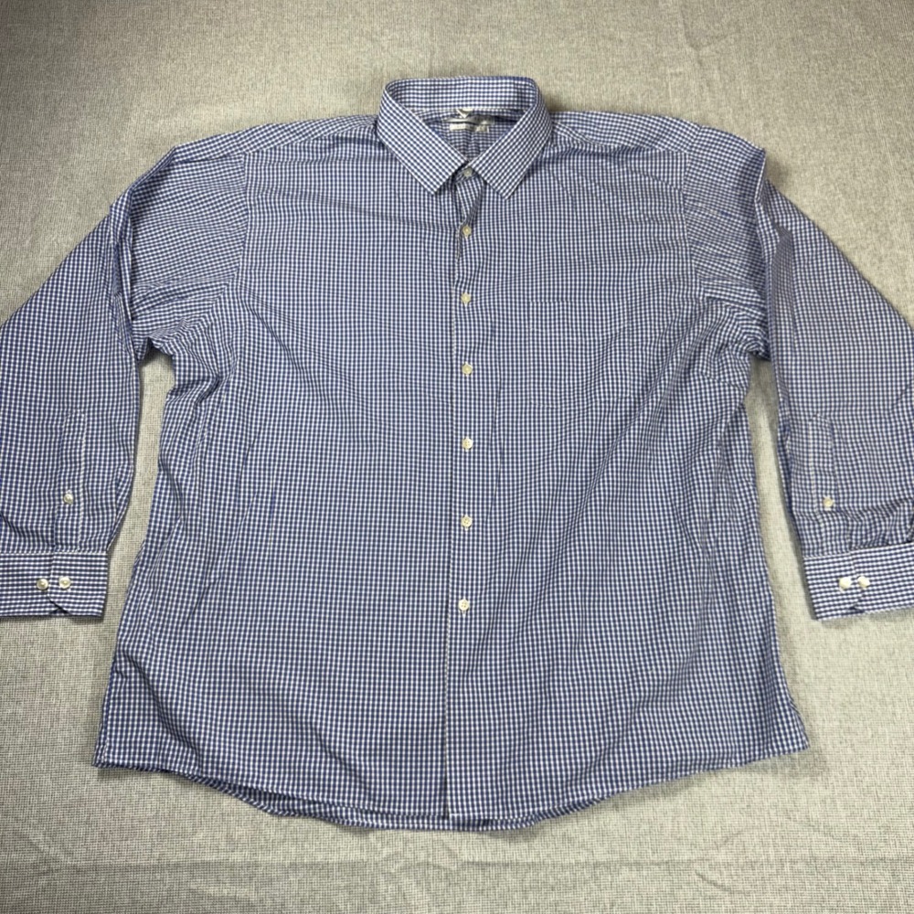 Geoffrey Beene Mens Regular Fit Blue Gingham Check Shirt 18.5 34/35 Wrinkle Free